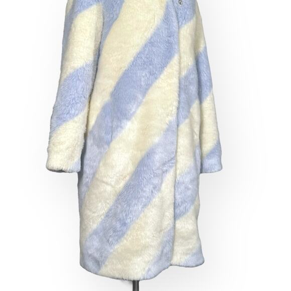 ANTHROPOLOGIE Stripe Faux Fur Coat Jacket Whimsical Gorpcore Glam Blue Ivory - Picture 9 of 15